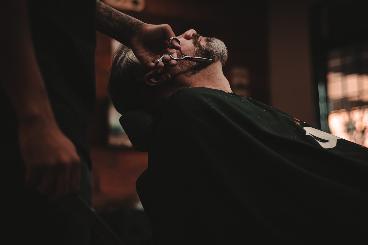 Close up of a beard trim in progress
